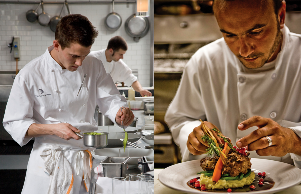 2 images a restaurant chef in a restaurant Kitchen & a Private Chef in an Estate kitchen