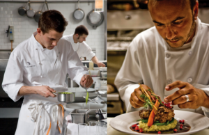 2 images a restaurant chef in a restaurant Kitchen & a Private Chef in an Estate kitchen
