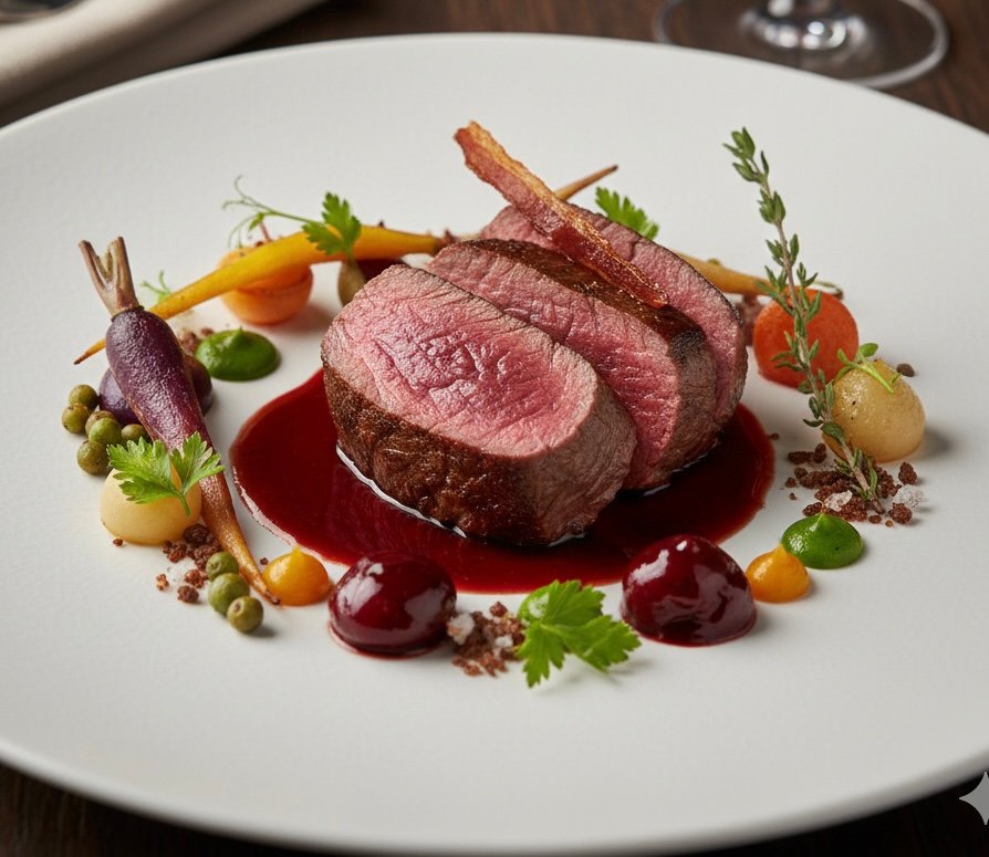 Michelin star gourmet dish roasted lamb loin plated with rich reduction sauce micro vegetables representing elite private chef culinary standards