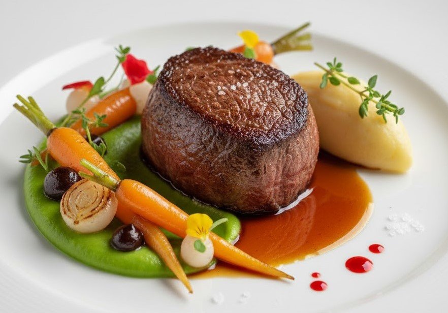 michelin level gourmet beef filet mignon with baby vegetables and madeira demi glace represting exclusive Private Estate placementsbeef