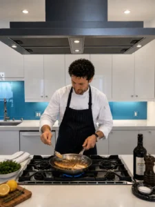 A professional private estate chef in a crisp white uniform and apron basting a whole roasted fish in a high-end, minimalist kitchen equipped with a professional Gaggenau vent hood