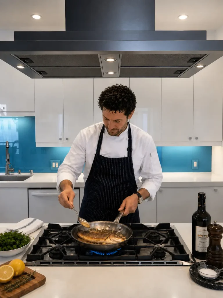 A professional private estate chef in a crisp white uniform and apron basting a whole roasted fish in a high-end, minimalist kitchen equipped with a professional Gaggenau vent hood
