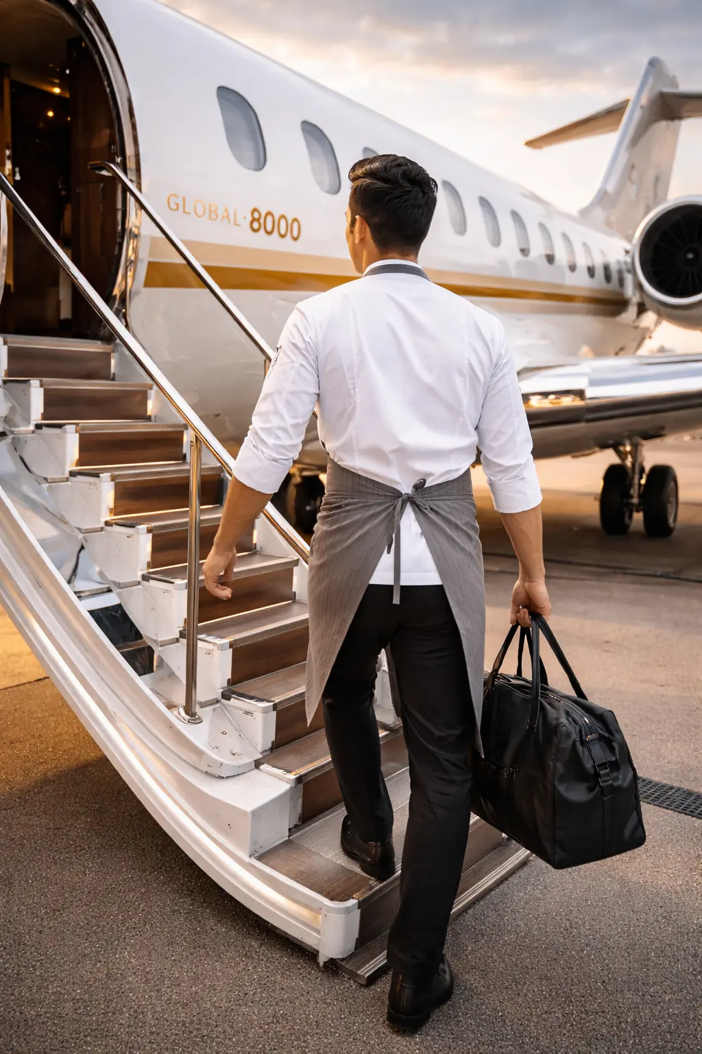 A professional private chef in a uniform and apron boarding a private jet with a travel bag, representing global traveling chef services and aviation catering logistics.