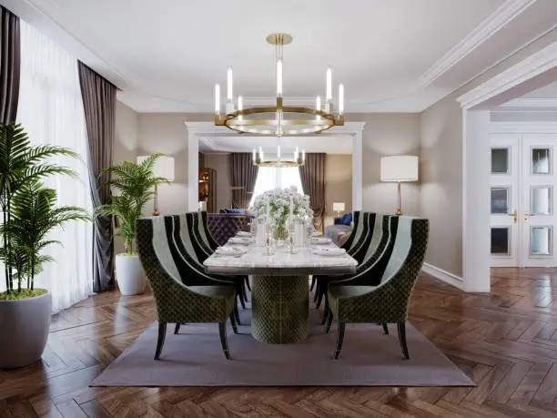 A high-end, minimalist Florida estate dining room with dark wood accents and modern lighting, showcasing the elite environments where our private chefs serve.