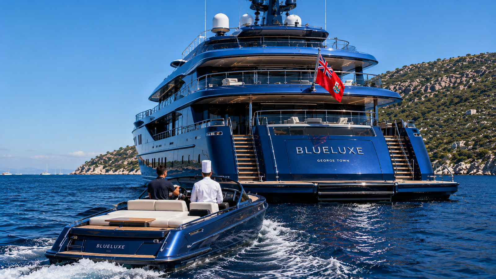 A superyacht at anchor with its tender alongside, where Private Chefs Inc. places yacht chefs.