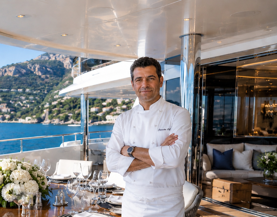 Private Yacht Chef standing next to set table on a Mega Yacht with a view of the French Rivera coastline