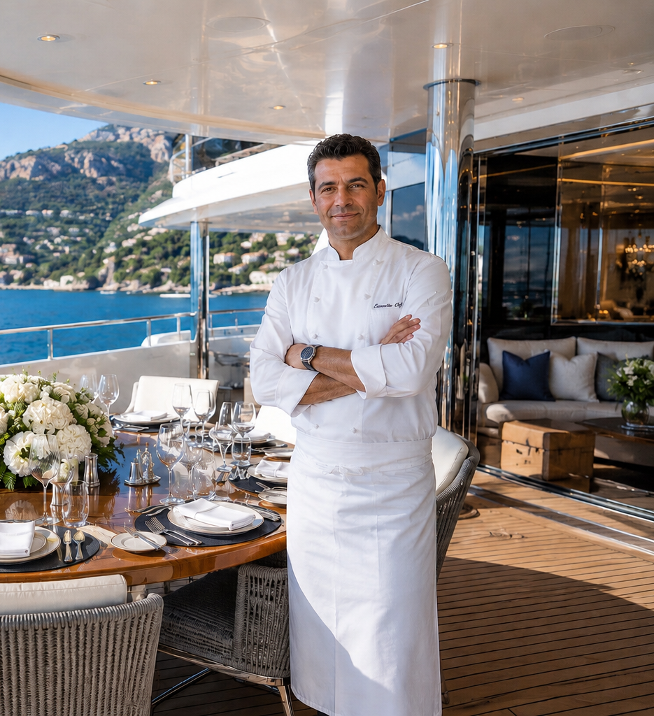 Private Yacht Chef standing next to set table on a Mega Yacht with a view of the French Rivera coastline