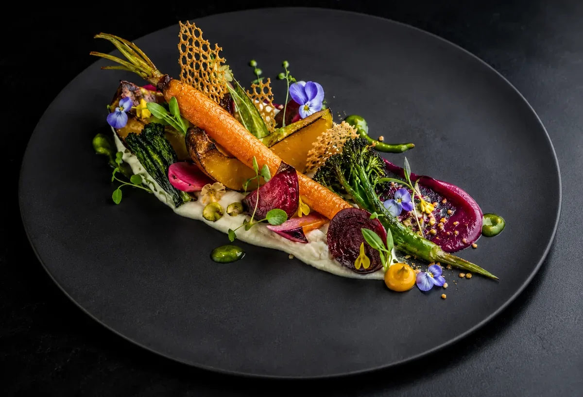 Vegan gourmet dish with vibrant vegetables on black plate