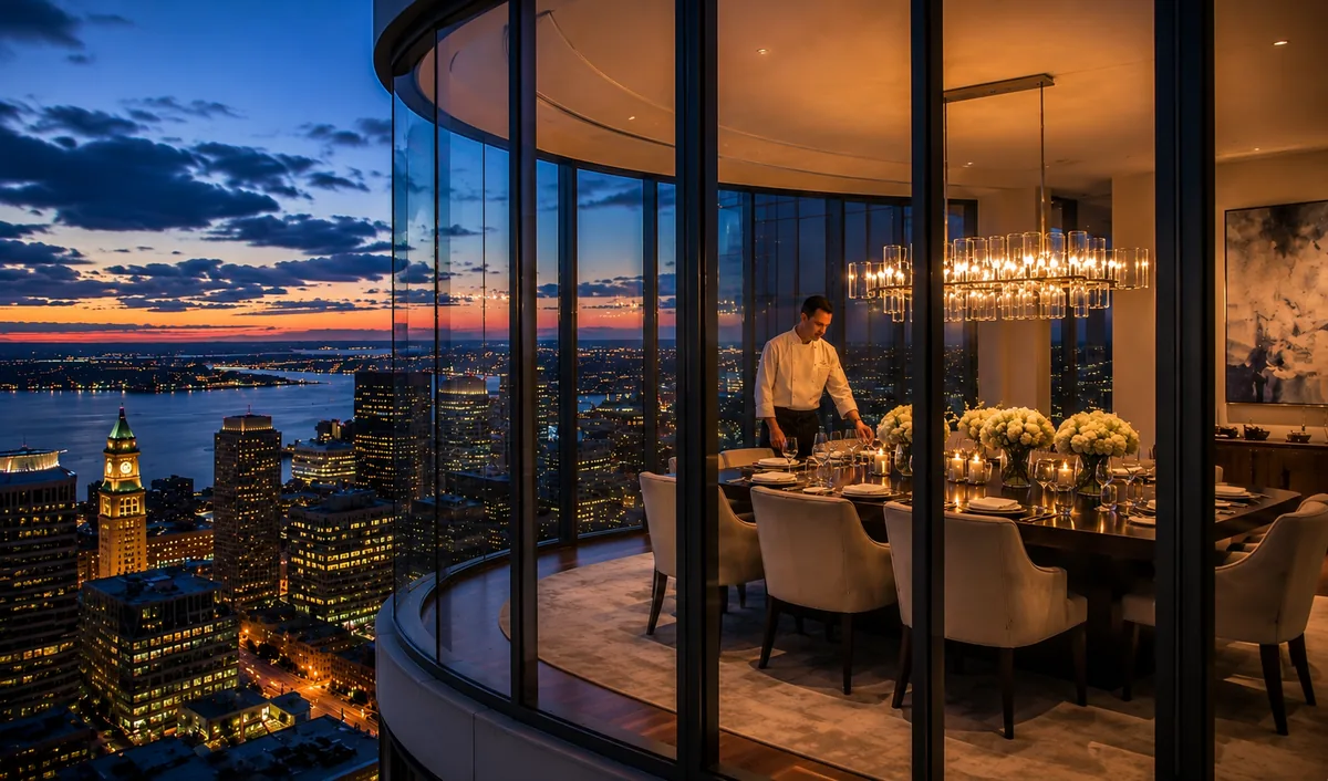 pRIVATE cHEF GETTING READY FOR A DINNER PARTY INSIDE A LUXURY pENTHOUSE overlooking the bOSTON skyline