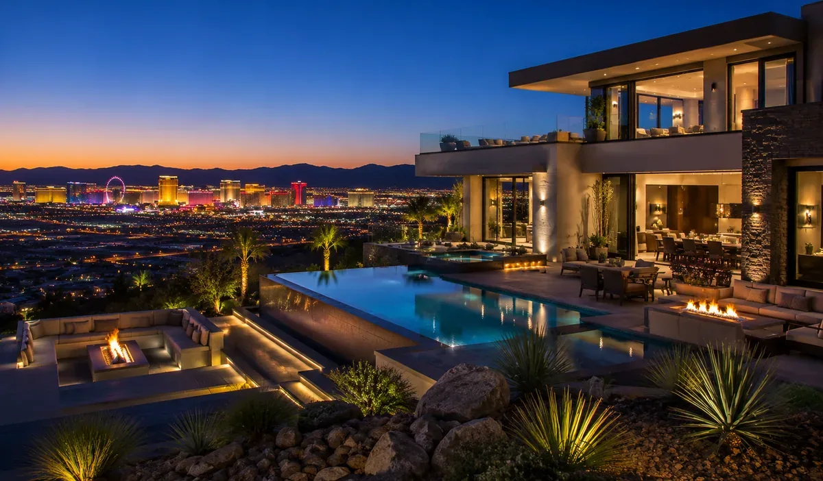 Private Mansion Estate at night time lit pool with the Vegas syline in the distance representing Elite Private Chef Staffing and estate staffing