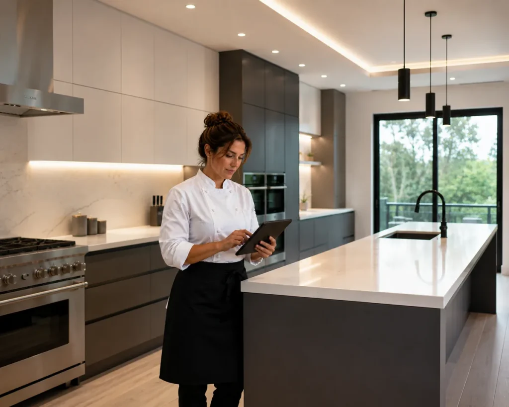 Private Chef in Modern Estate kitchen working on a tablet to update the family recipe book showing how AI iis changing the kitchen magement represeting tech savy private chef placements with UHNW clients