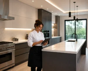 Private Chef in Modern Estate kitchen working on a tablet to update the family recipe book showing how AI iis changing the kitchen magement represeting tech savy private chef placements with UHNW clients