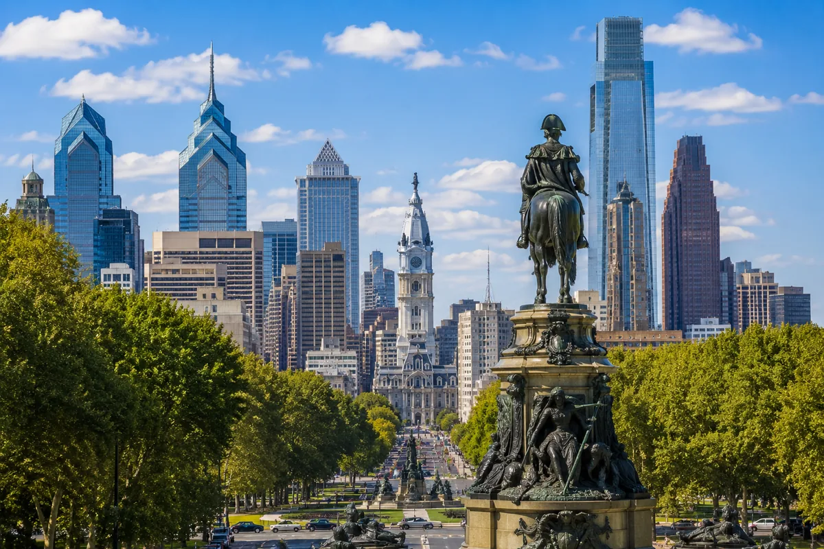 Phyladelphia skyline view of historic monument statue and skyscrapers, representing eliste staffing, and private chefs placements