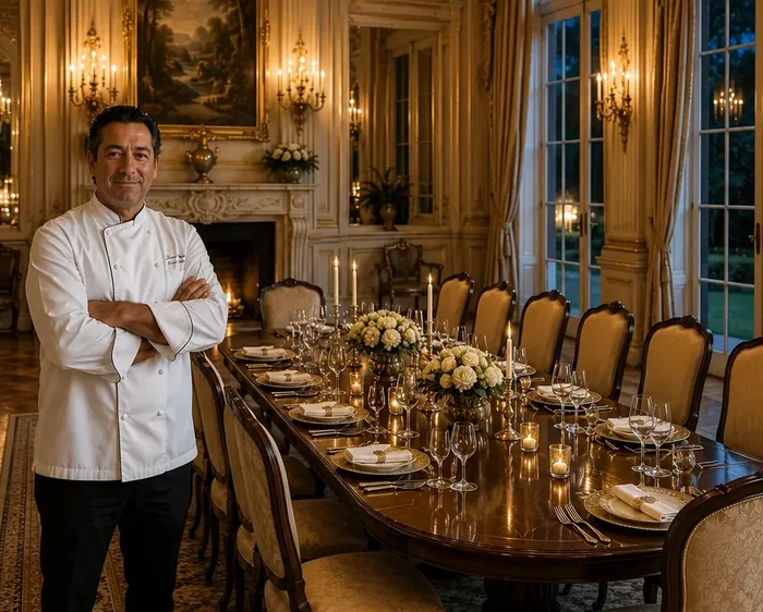 Private chef in a formal estate dining room set for service