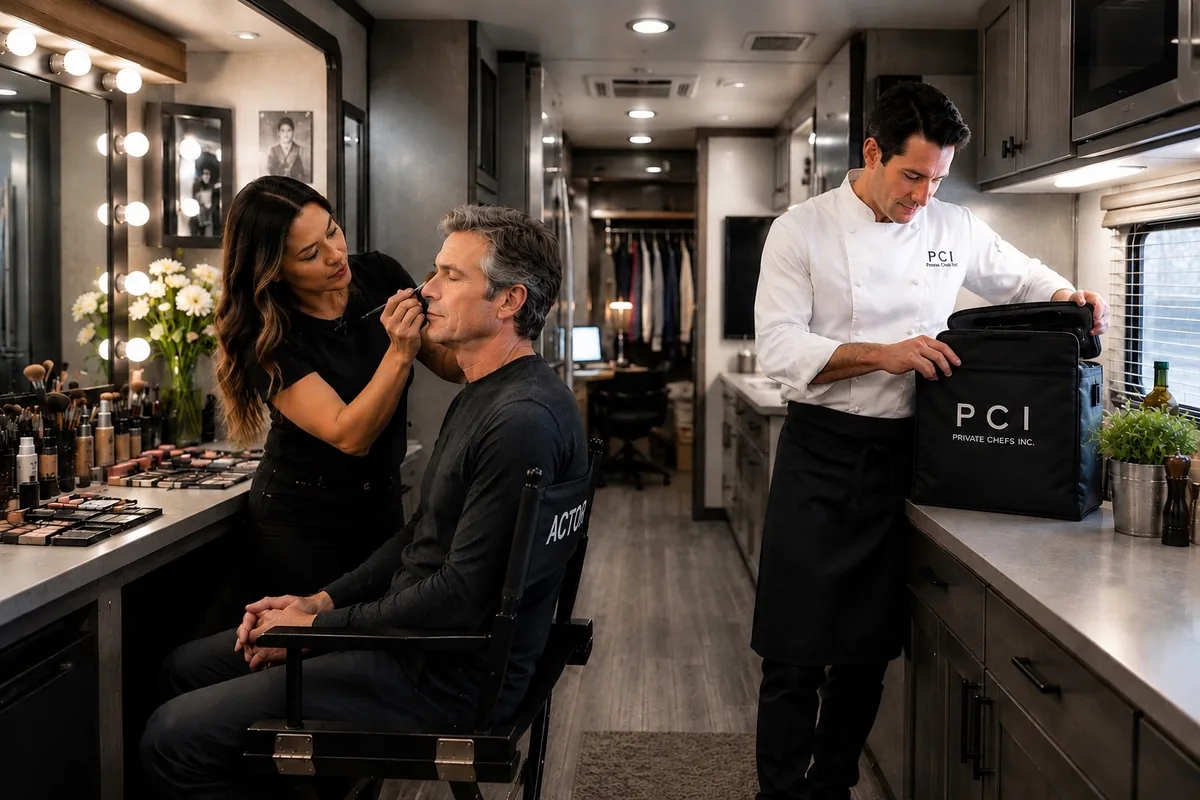 A Private Chefs Inc. private chef delivering a meal to an actor's trailer on set while the actor is in makeup.