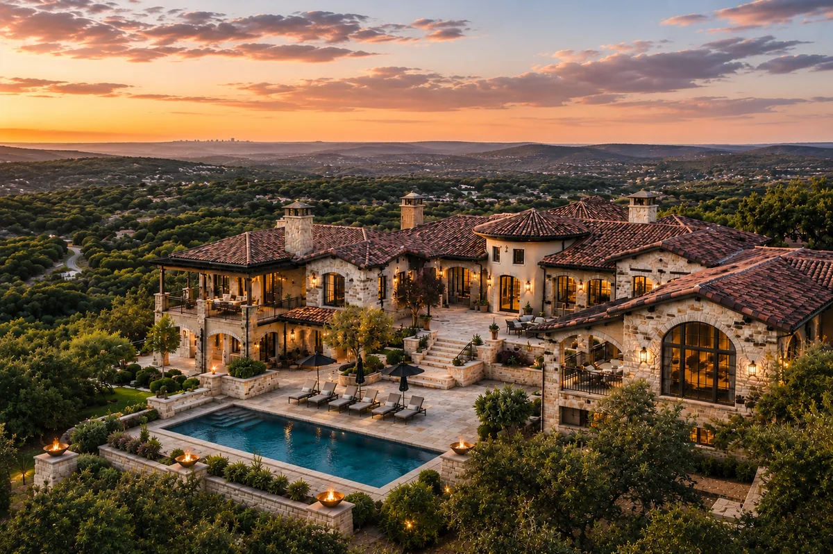 Luxury Hill country estate in San Antonio with swimming pool and sunset views. representing elite private chef staffing and estate placement services