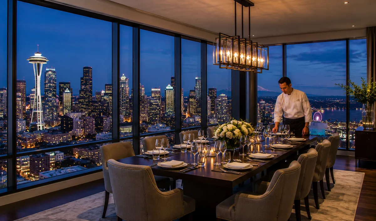 Private Chef getting ready to do a gourmet dinner in a Seattle penthouse with a panoramic view of the high rises and space needle, representing Elite private chef staffing at penthouses and Luxury estates