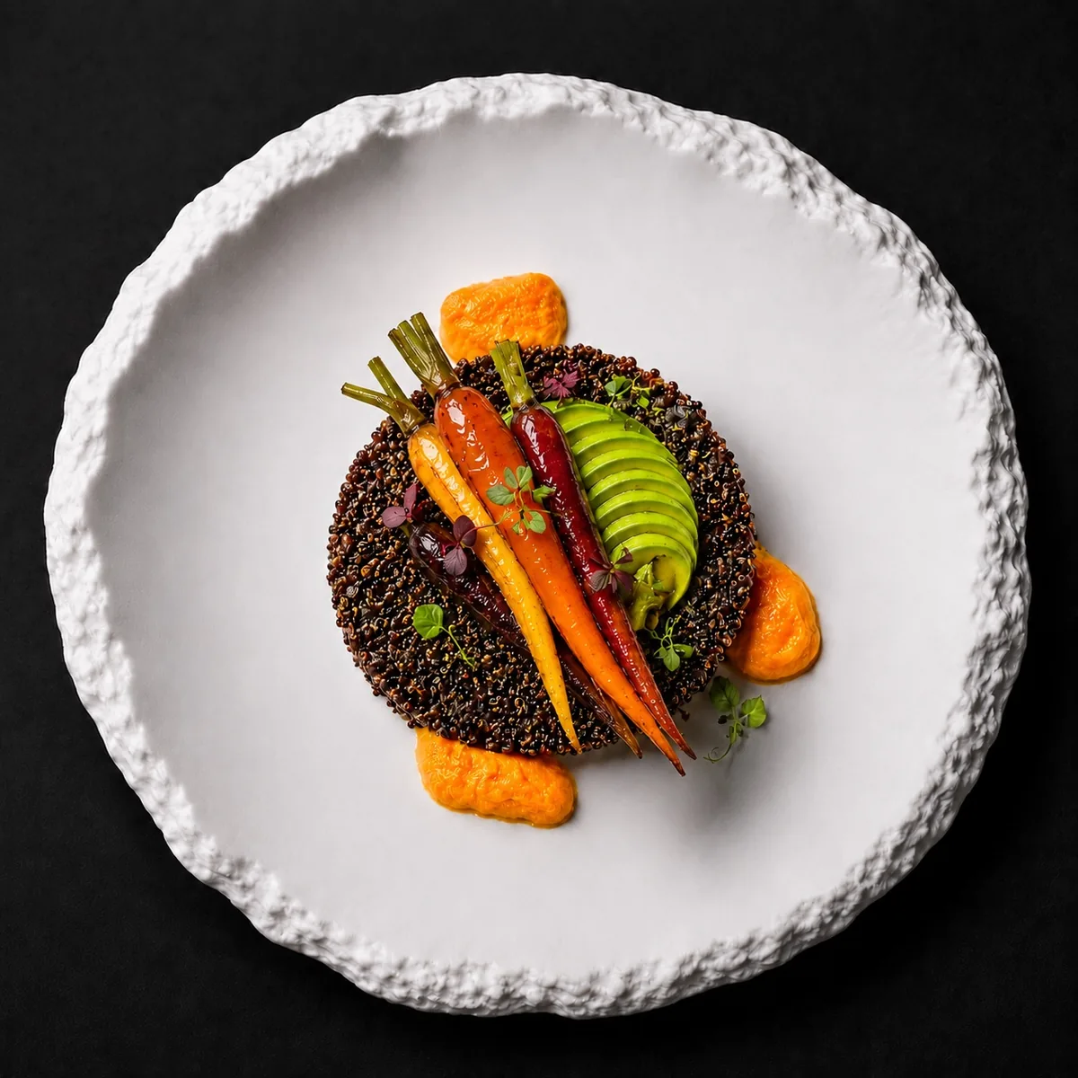 Vegan gourmet dish with beautiful roasted carrotts and yellow pepper mousse
